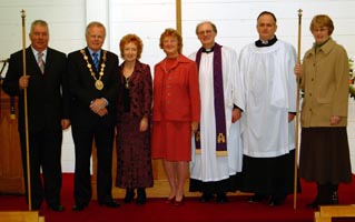 Pictured at a Lenten Service in St Mark’s Church, Ballymacash, are, left to right: James Walker, rector’s warden; Councillor Trevor Lunn MLA, Mayor of Lisburn; Mrs Laureen Lunn; Miss Sheila Jennings; the Rev Canon George Irwin, rector; Mr Kenneth Gamble, student minister and Mrs Frances Moreland, people’s warden. Photo John Kelly.